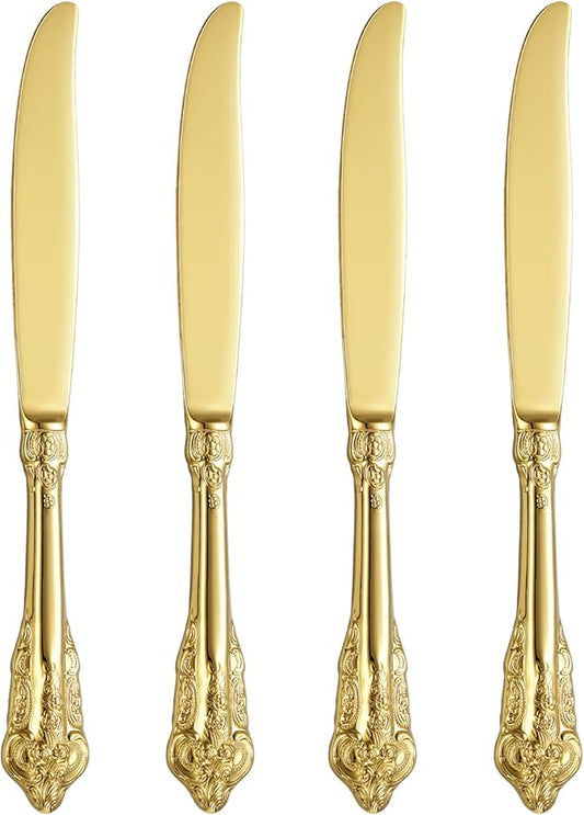 KEAWELL Gorgeous Dinner Knife, Set of 4, 18/10 Stainless Steel, Mirror Polished, Luxury Dinner Knife Set. (Gold)
