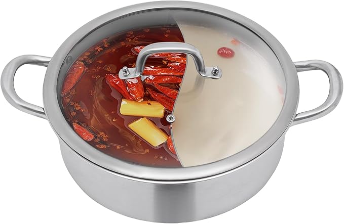 304 Food Grade Stainless Steel Shabu Shabu Hot pot with Divider&Lid,Leaky Spoon,Spoon,for Induction Cooktop Gas Stove Dual