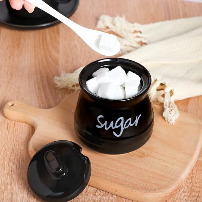 Porcelain Sugar Bowl with Lid and Spoon, 12 Ounces Ceramic Sugar Storage Jar, Sugar Container for Home and Kitchen (Black)