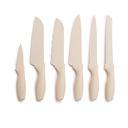 GreenLife 6 Piece Kitchen Knife Set, Rust-Resistant Nonstick Coating, High Carbon Stainless Steel Knives, Blade Guards, Razor Sharp, Ergonomic Handle, Chef, Santoku, Paring, Taupe