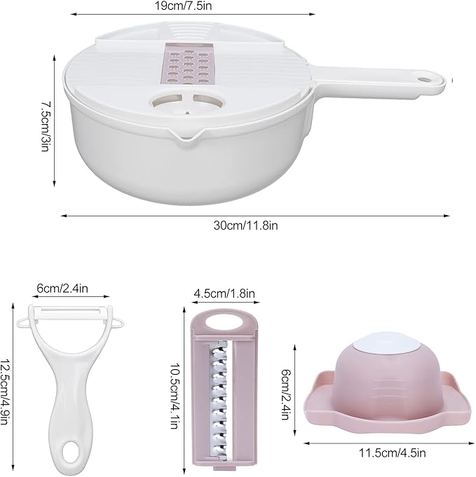 Fdit Multi Vegetable Cutter, 12 in 1 Manual Food Chopper with Hand Guard, Stainless Steel Blades, White, Kitchen Slicing Tool