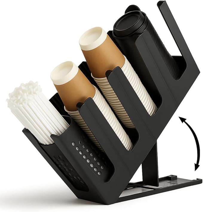 Coffee Cup & Lid Dispenser with Straw Organizer for Countertop – 4 Level Adjustable Paper Cup Holder for Coffee Bar, Café & Restaurant