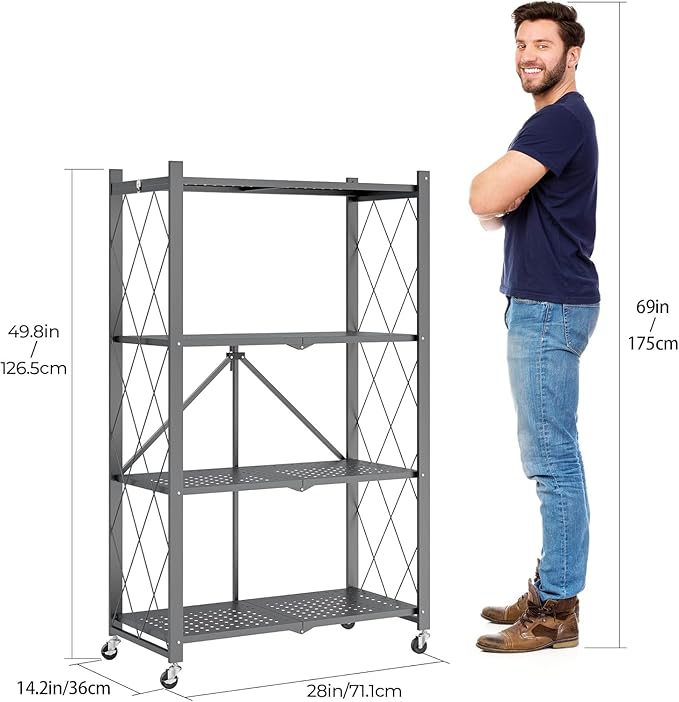 4-Tier Folding Metal Storage Rack - 50" Heavy-Duty Steel Frame with Wheels, No Assembly Utility Organizer, Rolling Shelving Unit for Kitchen, Garage, Pantry, Bedroom (Gray, 4 Tier)