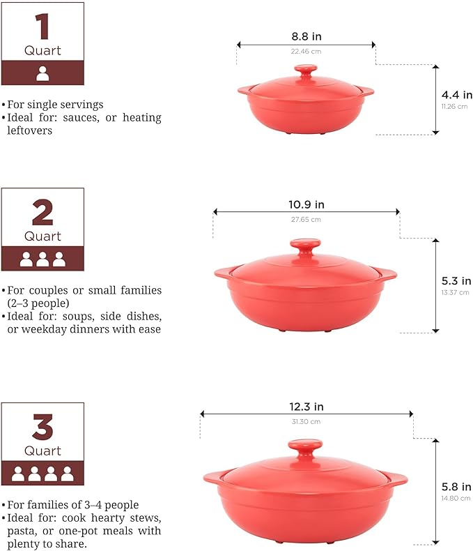 MINH LONG 2-Qt Porcelain Dutch Oven with Lid – Lead & Cadmium Free, Oven Safe to 482°F, Heat Retention, Clay Pot for Cooking on Gas & Infrared Cooktop, Use to Marinate, Cook, Bake, Refrigerate & Serve