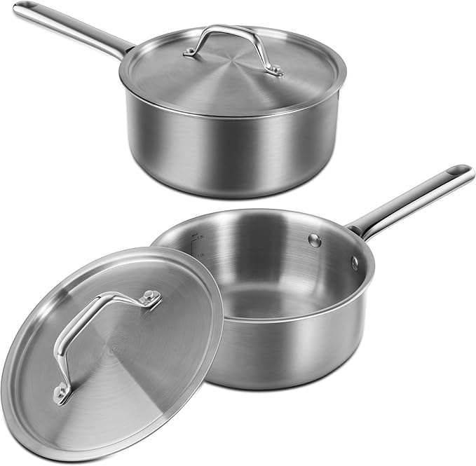 Rokasala Saucepan Set with Lids,3-Ply Stainless Steel 2QT and 3QT Cooking Pot,Professional Grade Cookware,Induction Compatible