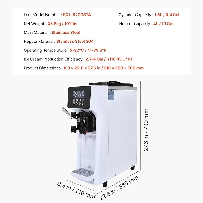 VEVOR Commercial Ice Cream Machine,1000W Single Flavor Countertop Soft Serve Ice Cream Maker with 4L Hopper 1.6L Cylinder, LCD Panel Auto Clean Pre-cooling,10.6 QT/H Yield for Restaurant Snack Bar