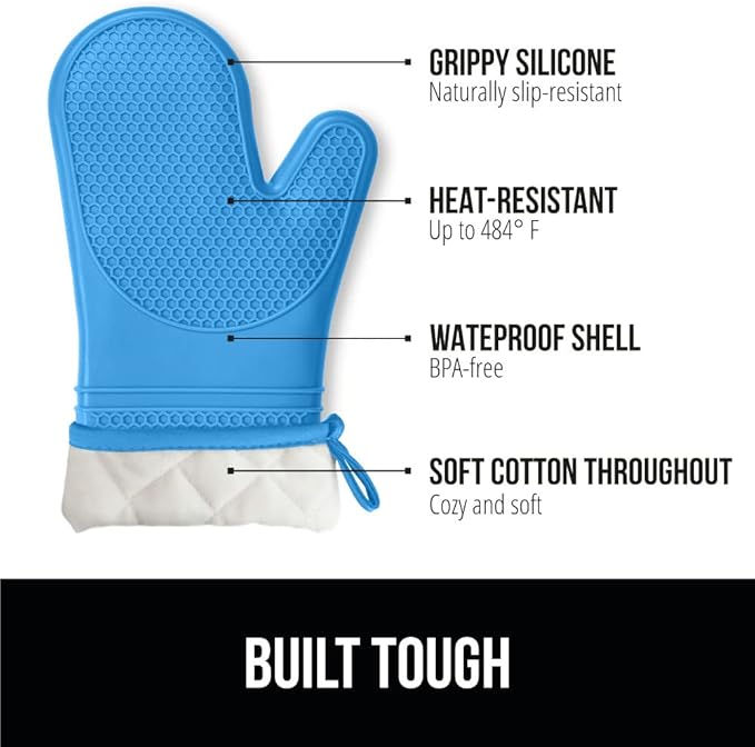 GORILLA GRIP BPA-Free Soft Silicone Oven Mitts, 14.5x8.3, Heat Resistant and Waterproof Cooking Gloves, Thick Cotton Lining, Flexible Gripping for Baking Grilling, Kitchen Potholders Set of 2, Aqua