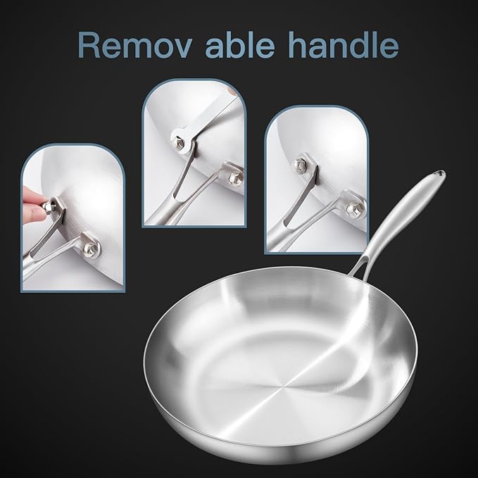 12" Stainless Steel Frying pan, 3-Ply Stainless Steel Pan, Induction, Oven Broiler Safe 600F Skillet, Professional Cookware, Silver，Suitable for All Stove (Detachable Handle)