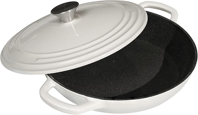 Flavehc Braiser Enameled Cast Iron Braiser 2.25 qt Braiser Pan with Lid White Shallow Cast Iron Casserole Braiser Pan with Handels