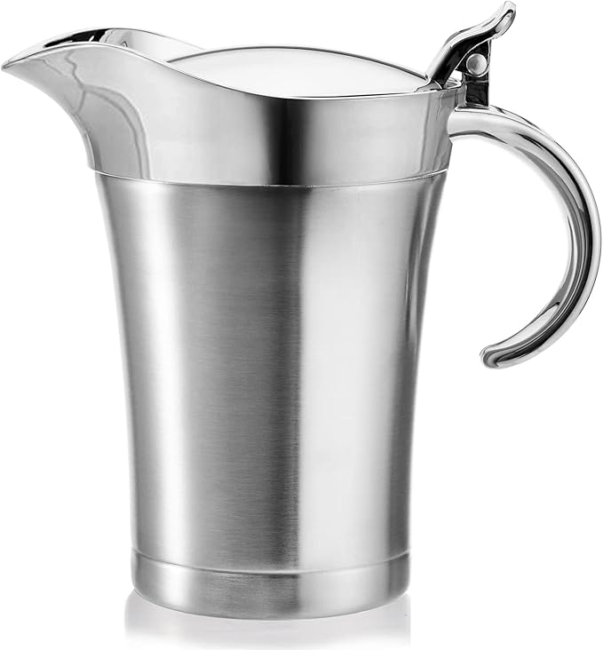 Peohud Gravy Boat, 304 Stainless Steel Double Insulated Sauce Jug with Hinged Lid, 24 Oz Gravy Warmer Pitcher for Home and Kitchen