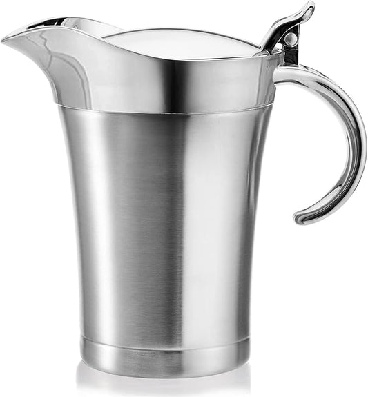 Peohud Gravy Boat, 304 Stainless Steel Double Insulated Sauce Jug with Hinged Lid, 24 Oz Gravy Warmer Pitcher for Home and Kitchen