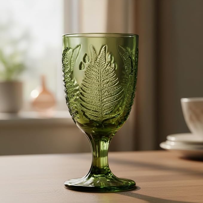 Green Glass Goblets Set of 4, 10 oz Stemmed Wine Glasses, Hand-Pressed Vintage Glassware, Fern Embossed Colored Stemware, Boho Aesthetic Textured Drinkware, Retro Home Decor Gift Set for Housewarming