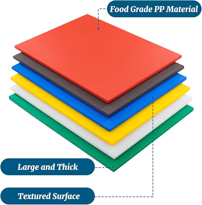 EASYROSE Plastic Cutting Board Set of 6, 24 x 18 x 1/2 Inch Commercial Grade Chopping Board Large Multi-Color Cutting Boards for Kitchen - Dishwasher Safe, NSF Certified