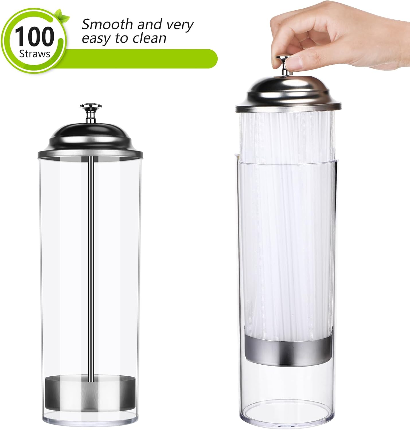 Patelai 10.6 Inch Clear Plastic Straw Dispenser and 100 Pcs Drinking Straw Organizer Container with Stainless Steel Lid Transparent Drinking Holder(Classic,Transparent)