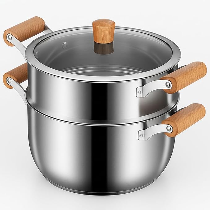 Chuleno 3.3QT Steamer for Cooking - Stainless Steel Steaming Pot with Steamer Basket for Vegetable, Dumpling, Soup, Pasta, Seafood – Induction Compatible, Transparent Glass Lid & Wooden Handle for Safe Cool Touch Cooking – As Christmas Gift for Family