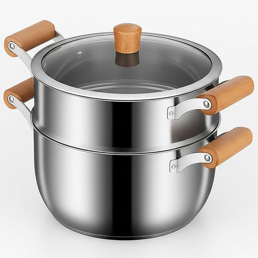 Chuleno 3.3QT Steamer for Cooking - Stainless Steel Steaming Pot with Steamer Basket for Vegetable, Dumpling, Soup, Pasta, Seafood – Induction Compatible, Transparent Glass Lid & Wooden Handle for Safe Cool Touch Cooking – As Christmas Gift for Family