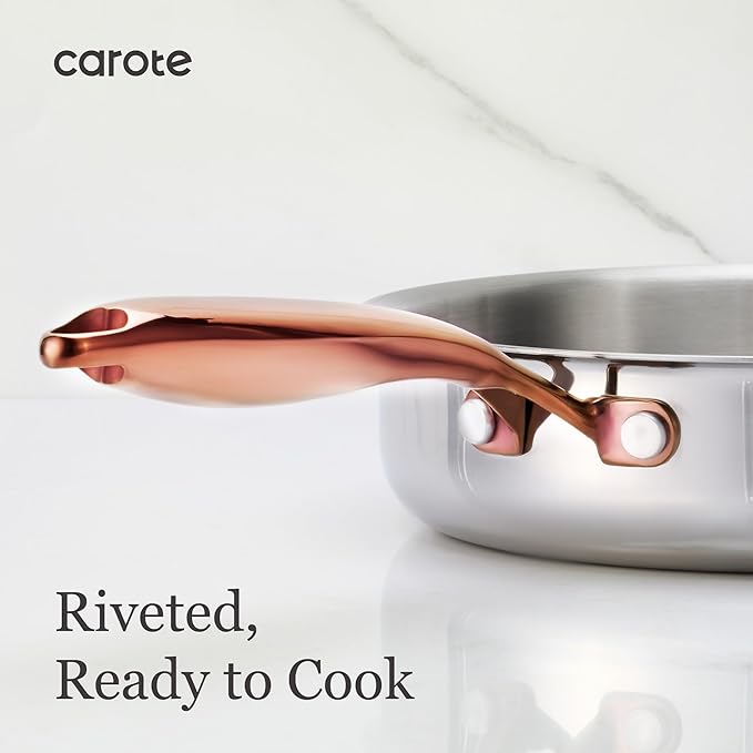 CAROTE 10" Tri-Ply Stainless Steel Deep Frying Pan with Lid, Non-Toxic Saute Pan, Oven Safe, Induction, Ceramic and Gas Cooktops Compatible, Silver