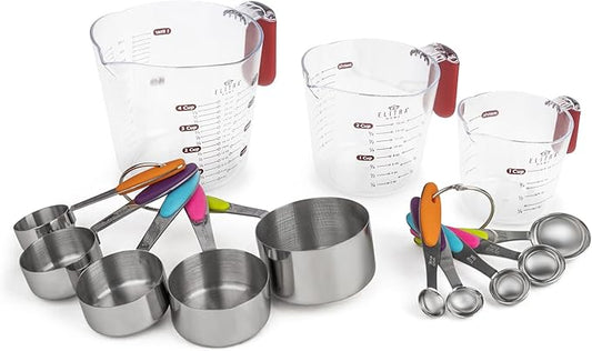 Complete Measuring Set, 13-Pack Stainless Steel Cups, Spoons, Plastic Measuring Pitchers with Spout - Engraved Measurements, Non-Slip Handles - Cooking & Baking Essentials