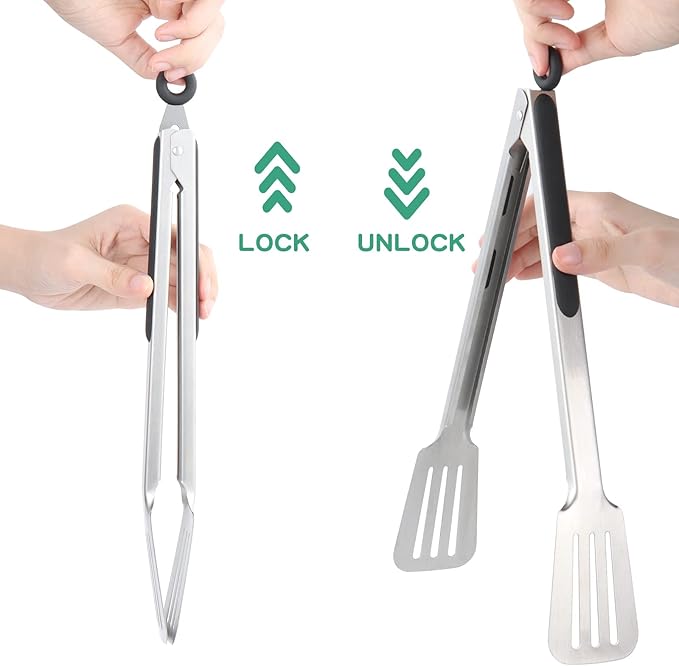 Lebabo Metal Tongs for Cooking, Set of 2 Stainless Steel Spatula Tongs for Grilling, Cooking and Flipping, Strong Grip for Ribs, Steak and Fish, Comfortable Grip, Easy Pull Lock, 9 inch & 12 inch