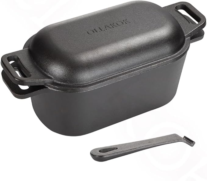 OLLAKOK 2-in-1 Pre-Seasoned Cast Iron Dutch Oven Pot with Lid as Skillet, Grill Pan, with Lid Lever, Dual Loop Handles, Oval Heavy Dutch Oven for Bread Baking, Frying, Camping, BBQ, 3.8 QT Black