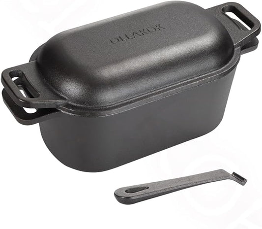 OLLAKOK 2-in-1 Pre-Seasoned Cast Iron Dutch Oven Pot with Lid as Skillet, Grill Pan, with Lid Lever, Dual Loop Handles, Oval Heavy Dutch Oven for Bread Baking, Frying, Camping, BBQ, 3.8 QT Black