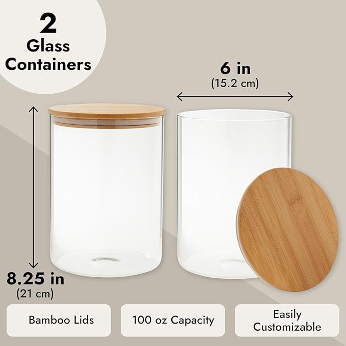 Juvale Flour Sugar Storage Containers - 2-Pack, 100 oz, Clear Glass Jars - Airtight Pantry Organizer & Countertop Food Storage - Rice Container & Spice Jar