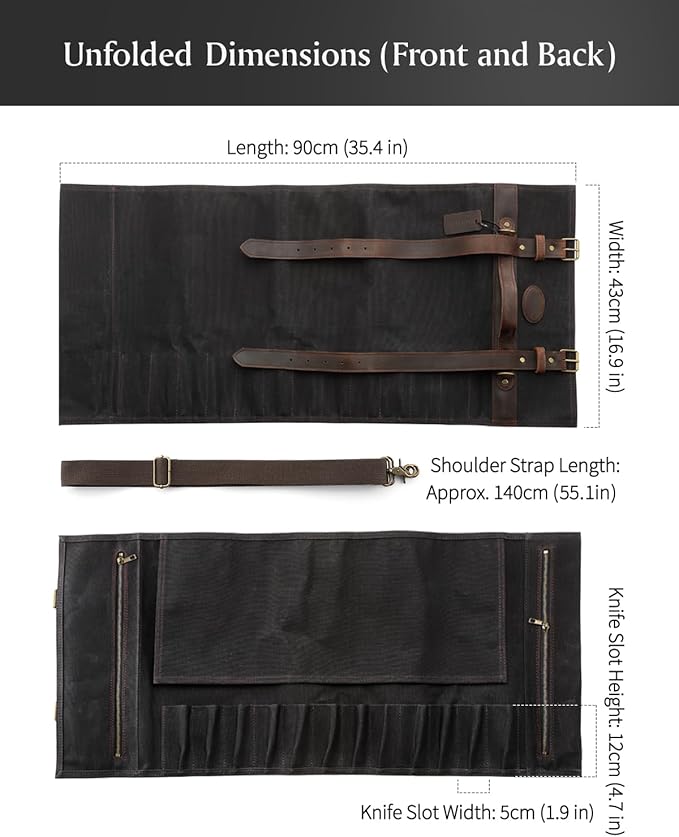 XINZUO Chef Knife Roll Bag Professional,16oz Waxed Canvas and Crazy Horse Leather,12 Slots Plus 2 Zipper Pockets,Adjustable Shoulder Strap-Travel Tool Roll Pouch(Bag Only)