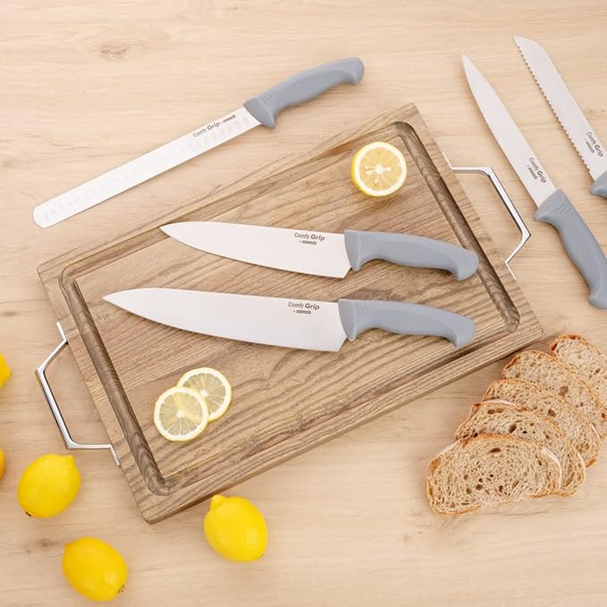 Restaurantware Comfy Grip 10 Inch Chef's Knife 1 Sharp Cooking Knife - Ergonomic Handle Non-Slip Grip Gray Stainless Steel Kitchen Knife Dishwashable Slice Dice Mince or Chop Ingredients