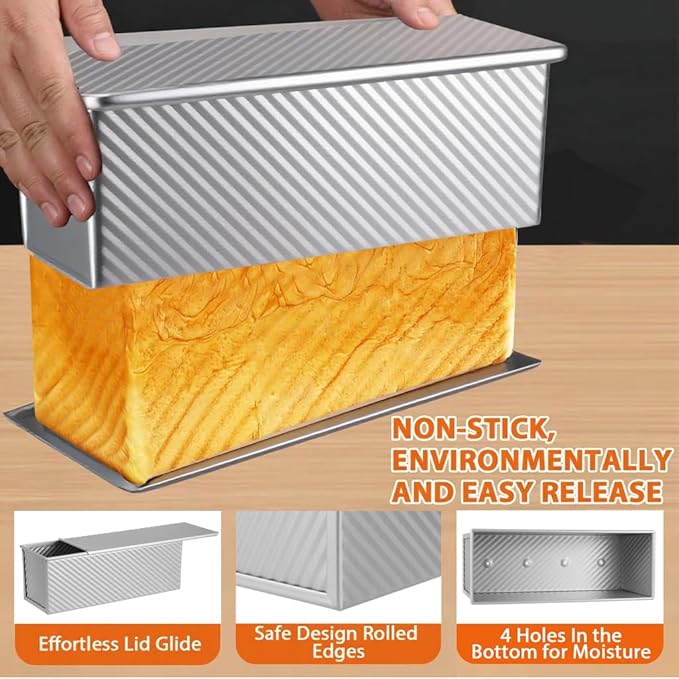 AVSQUINE Non-Stick Pullman Loaf Pan with Lid 13x4 Inch - 2.2lb Carbon Steel Bread Baking Pan with 4 Vent Holes, Heavy Duty Sourdough Loaf Pan with Cover for Homemade Sandwich Bread (Silver)