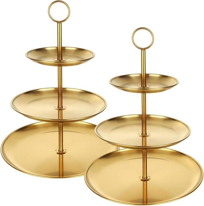 3 Tiered Gold Cupcake Stand 2 Pack Stainless Steel Gold Tiered Dessert Stand Cupcake Display Tower 3 Tier Serving Tray Cake Stand for Baby Shower Birthday Party Wedding