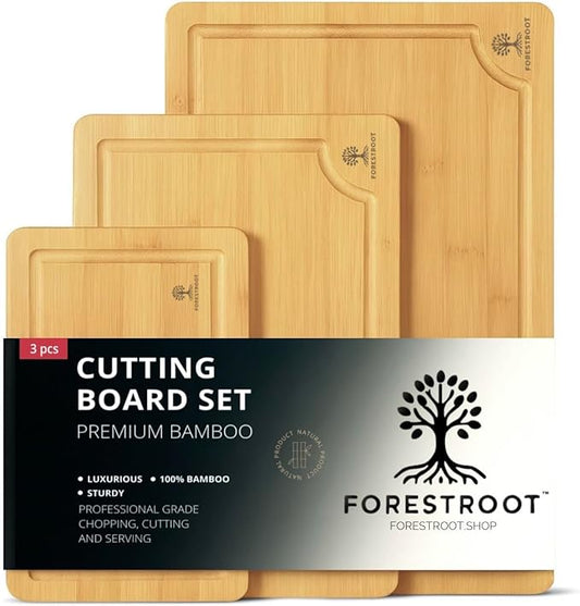 Forestroot Bamboo Cutting Board Set – 3-Piece Wooden Kitchen Boards for Meal Prep & Serving – Durable Bamboo with Deep Juice Groove & Side Handles – Great for Meat, Vegetables & Charcuterie