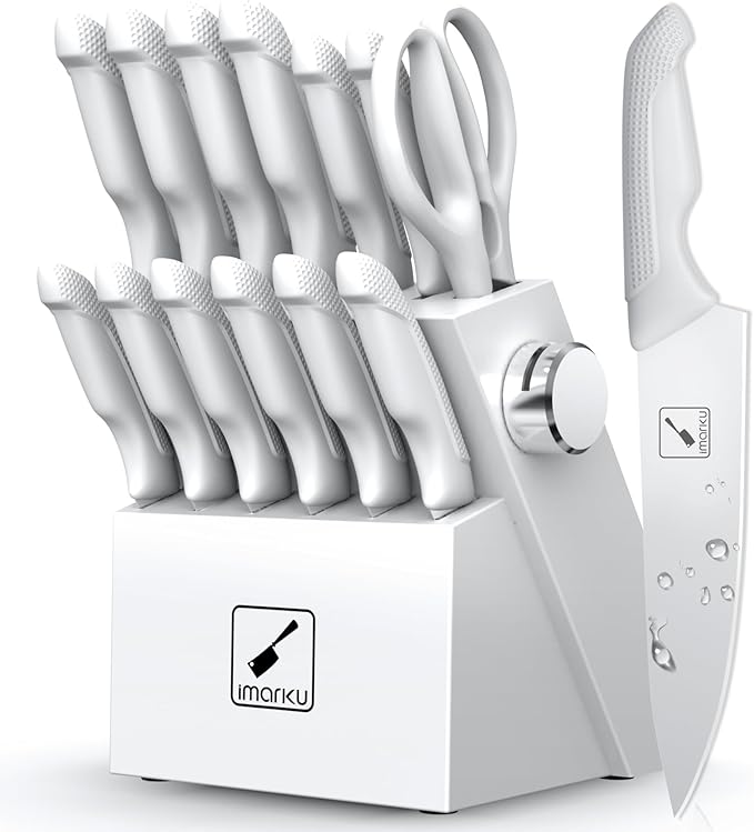 imarku Kitchen Knife Set, Japanese Knives Set for Kitchen, Stainless Steel Knife Set with Block, Kitchen Gadgets, White, Anti-Slip Handle, Dishwasher Safe, Christmas Gift for Women Men