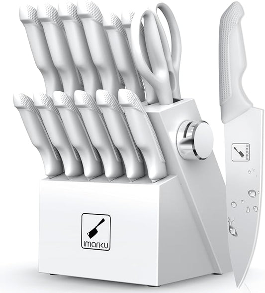 imarku Kitchen Knife Set, Japanese Knives Set for Kitchen, Stainless Steel Knife Set with Block, Kitchen Gadgets, White, Anti-Slip Handle, Dishwasher Safe, Christmas Gift for Women Men
