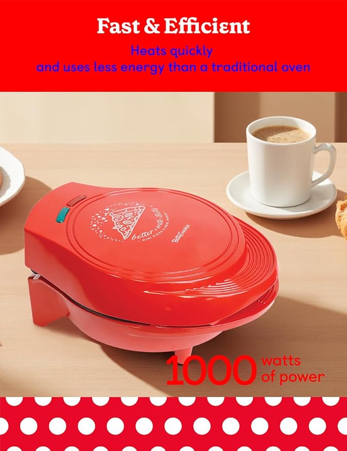 Betty Crocker 7.5" Mini Pizza & Meal Maker, 1000W Indoor Electric Grill, Nonstick Pan for Pizzas, Quesadillas, Nachos and more, Personal Pizza Machine for Delicious Meals and Snacks, BC-5962RC, Red