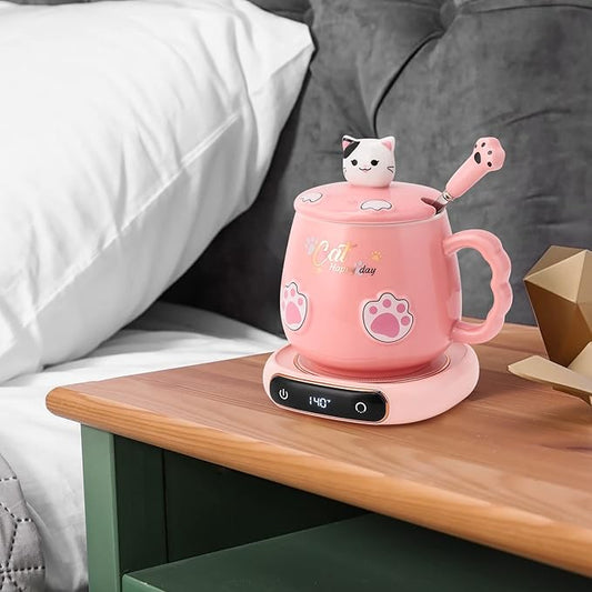 Bgbg Coffee Mug Warmer & Cute Cat Mug Set, Electric Beverage Cup Warmer for Desk Home Office with Three Temperature Up to, Coffee Warmer for Cocoa Milk Tea Water Candle, 8 Hours Auto Shut Off