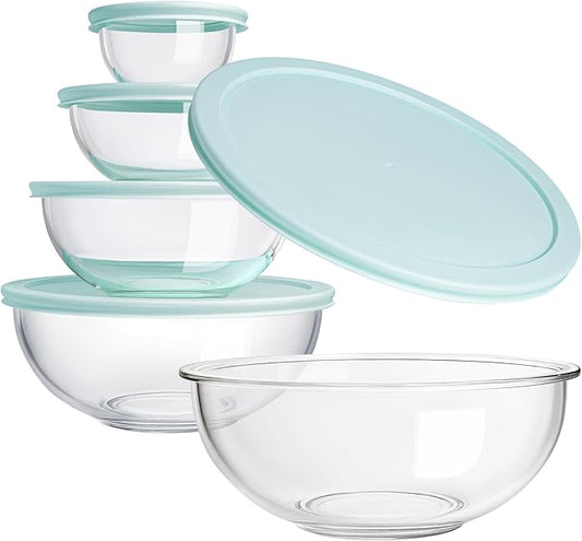 Luvan Glass Mixing Bowl with Lids Set of 5(0.2QT, 0.5QT, 1.1QT, 2.1QT, 3.75 QT), Space-Saving Nesting Bowls Anti-slip Salad Bowls for Storage, Cooking, Microwave,Freezer,Oven and Dishwasher Safe
