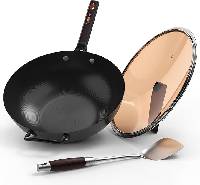 SUMEIGUAN 13.5" Carbon Steel Wok Pan - Pre-Seasoned Flat Bottom Woks & Stir-fry Pans Chinese Cookware with Lid & Spatula - For Pan-fry,Stir Fry, Steam, BBQ & Camping - Compatible with Induction, Gas