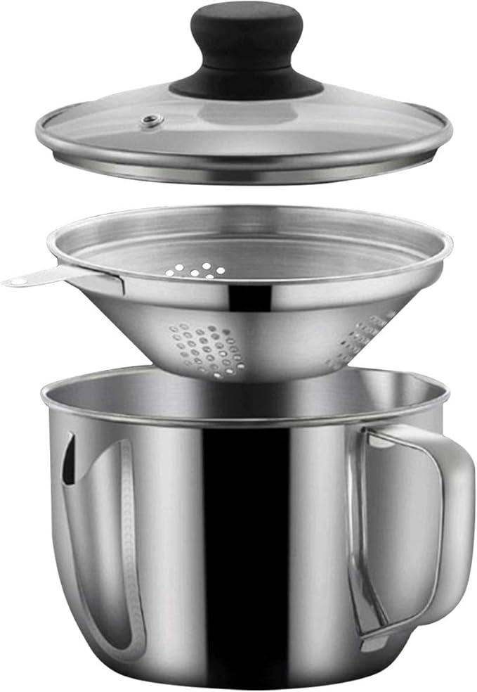 Stainless Steel Fat Separator 4 Cup/1000ML Gravy Grease Separator with Strainer and Glass Lid, Soup Oil Separator Cup for Cooking, Oil Soup Separator Strainer Pot for Kitchen (Silver)