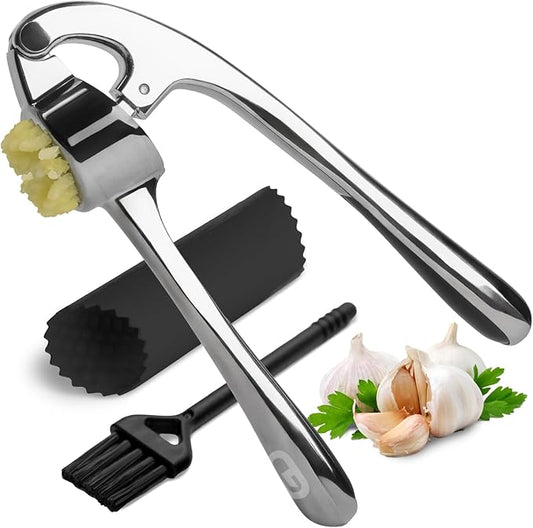 Garlic Press – Heavy Duty Garlic Press Mincer with Ergonomic Handle, Rust-Resistant Zinc Alloy, Dishwasher Safe, Includes Silicone Garlic Peeler & Cleaning Brush (Imperial Silver)