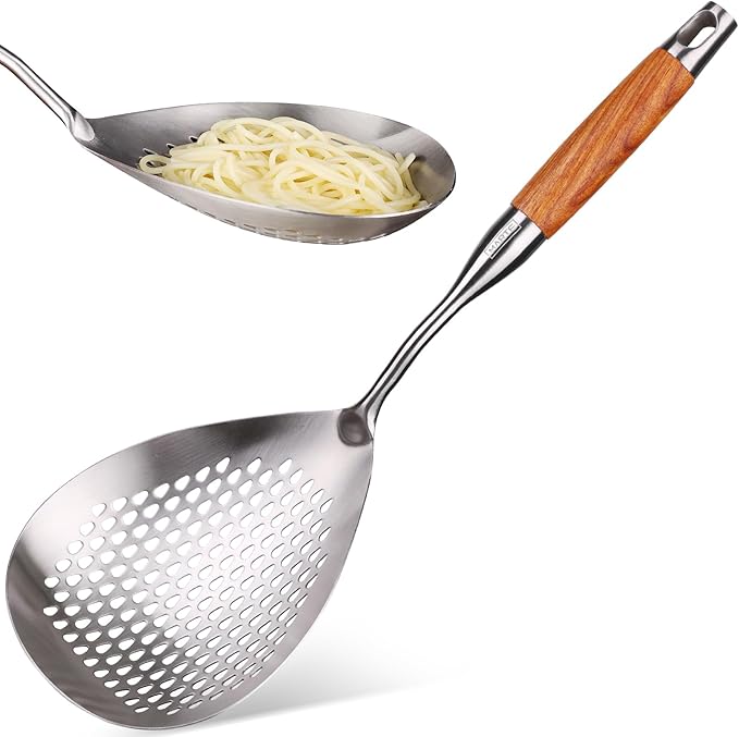 MARTE 16.5in 304 Stainless Steel Skimmer Slotted Spoon - Pasta Spider Strainer Ladle for Cooking and Frying - Kitchen Metal Scoop Colander With Heat Resistant Wooden Handle