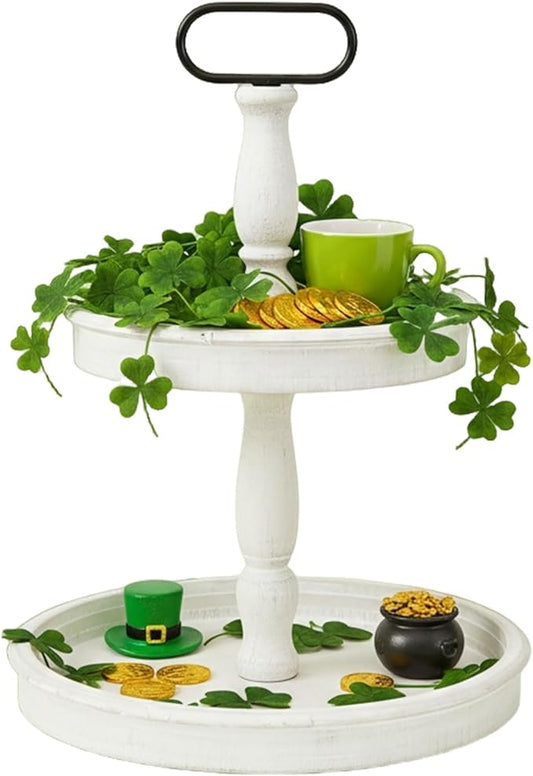Krismax Decorative Trays - Two Tiered Tray Stand Rustic Tiered Tray Decor 2 Tiered Tray Serving Tray Seasonal & Holiday Decoration Wooden Tray for Coffee Table Farmhouse Display Stand Tray