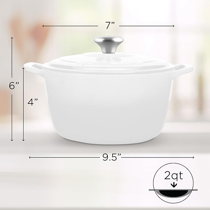 ROSSALLINI Signature Enameled Cast Iron Dutch Oven, Non-Stick Serving Pot with Tight Fitting Lid for Perfect Roasting, Baking, Sauteing, and Bread Making | 2Q (1.9L)