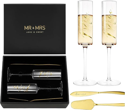 AW BRIDAL Engagement Bridal Shower Wedding Gifts for Newlywed Couples 2025, Anniversary Mr Mrs Champagne Flutes Toasting Glasses, Wedding Gold Cake Knife and Server Set with Gift Box for Bride Groom