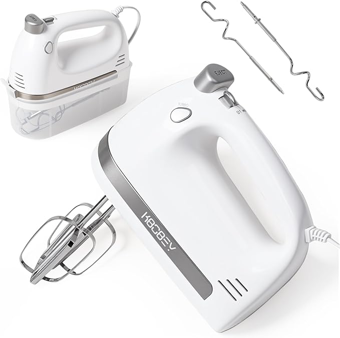 KBOBEY 450W Electric Hand Mixer, 5-Speed Handheld Mixer with Storage Case, Turbo & Eject Button, Includes 2 Beaters & 2 Dough Hooks for Baking, Cake, Egg, Cream (White)