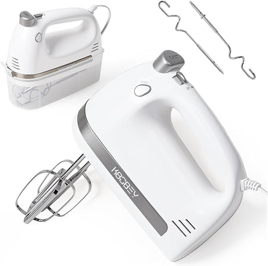 KBOBEY 450W Electric Hand Mixer, 5-Speed Handheld Mixer with Storage Case, Turbo & Eject Button, Includes 2 Beaters & 2 Dough Hooks for Baking, Cake, Egg, Cream (White)