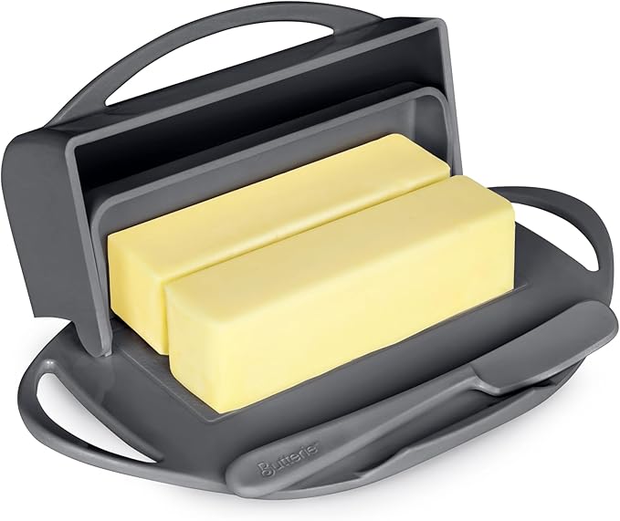 Butterie Flip-Top Butter Dish with Lid & Matching Knife, Holds 2 Sticks/European Butter, No-Mess Butter Holder, Shatterproof, Dishwasher Safe, Grey
