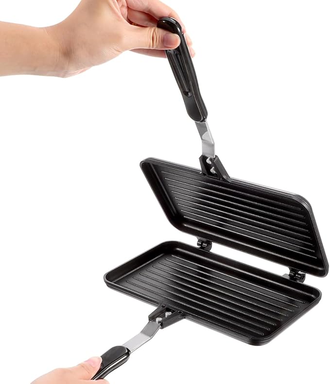 PRETYZOOM Double-Sided Non-Stick Sandwich Baking Tray 9.45 Inch Aluminum Pan for Gas Stove Breakfast Toasting Maker Skillet