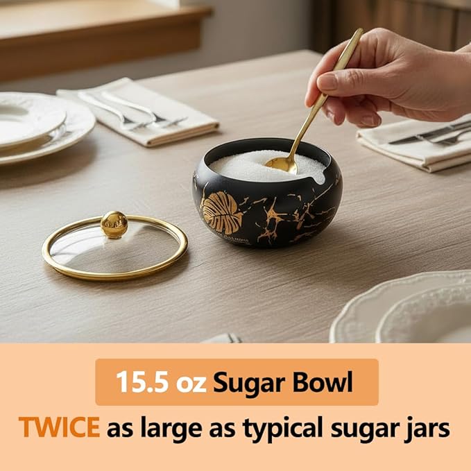 15OZ Sugar Bowl with Glass Lid and Spoon, Sugar Container of Coffee Bar Accessories, Stainless Steel Jar for Salt, Tea, Brown Sugar Cube, Dishwasher Safe, Kitchen Decor Countertop Storage, Black