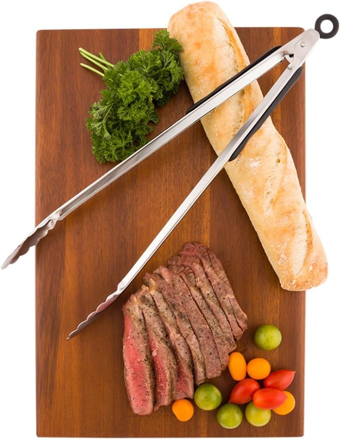 Restaurantware Met Lux 16 Inch x 3.5 Inch Kitchen Tongs 1 With Rubber Grip Serving Tongs - Non-Slip Scalloped Edges Silver Stainless Steel Tongs For Cooking For Cooking And Serving