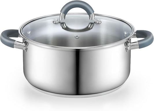Cook N Home 5.5-Quart Sauce Pot Stainless Steel Stockpot with Glass Lid, Basics Saucier Casserole Stock Pot, Stay-Cool Silicone Handles